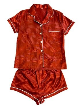 Satin Pajama Set Short Sleeve Shorts Burnt Orange White Trim ButtonUp Small